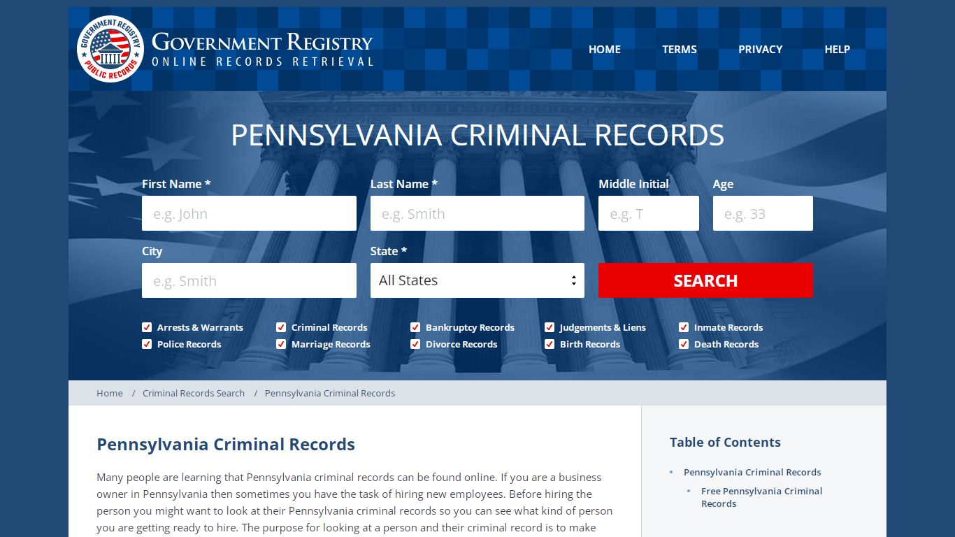 Pennsylvania Criminal Records | GovernmentRegistry.org
